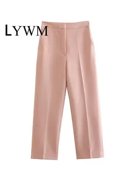 LYWM Sieviešu Modes Cietā Priekšā Rāvējslēdzējs Vintage Bikses ar Augstu Vidukli Sieviešu Šiks Lady Taisnas Bikses