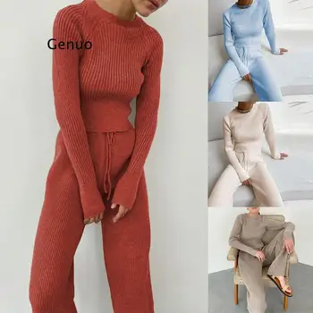 Sieviešu Ikdienas Tērps 2 Gabals Komplekti Silts Adīts Džemperis tīrtoņa Krāsu Apaļu Kakla garām Piedurknēm Apģērbs