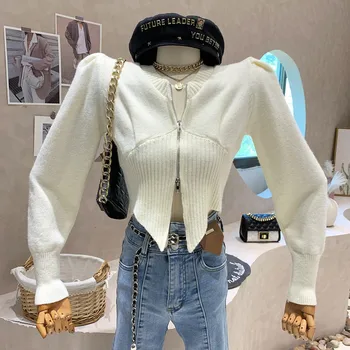 Jauns Sieviešu Apģērbu 2022 Rudens Ziemas V-veida Kakla temperaments puff garām piedurknēm trikotāžas jaka džemperis top coat