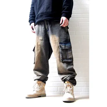 Modes Plus Lieluma Kravas Bikses Vīriešu Gadījuma Džinsi Zaudēt Baggy Retro Kāju Kabatas Taktiskās Bikses Streetwear Hiphop Apģērba