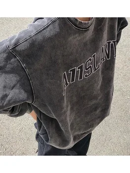 Harajuku Grunge Pelēks Sporta Krekli Sieviešu Lielajam Streetwear Pulovers Hoodies Vēstuli Izdrukāt Retro Garām Piedurknēm Top Modes