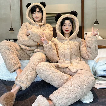 Pāris Flaneļa Sleepwear Sievietēm, Vīriešiem, Ziemas Siltas Pidžamas Komplekts Mīļotājiem Kapuci Pijamas Mājas Apģērba