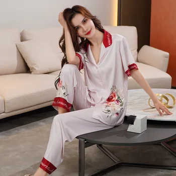 Sieviešu Ledus Zīda Īsām Piedurknēm Bikses Pidžamas Pieauga Divas Gabals Liela Izmēra Homewear Komplekts zīda sleepwear komplekts