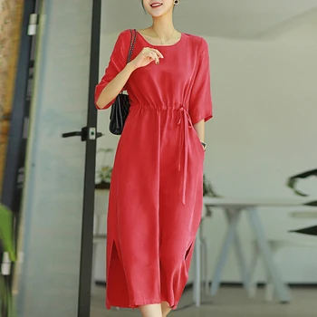 Jaunu high-end temperaments smago vara amonjaka zīda kleita sieviešu vasaras piedurknēm vidukli, liela izmēra novājēšanu zīda svārki sarkans