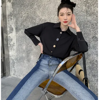 Sieviešu Krekli Biroja Dāma Elegants lielgabarīta Tops Melns ar garām Piedurknēm 2022. Gada Pavasarī korejas Modes Streetwear Krekls C615