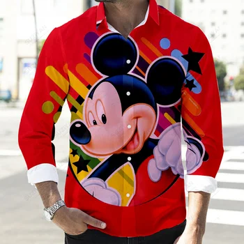 Kritiena Gadījuma Pogu Up Vīriešu garām Piedurknēm Krekli Disney Mickey Grafiskais T-Krekli 3D Full Print Mode Vīriešu Atloks, Lielgabarīta Krekli