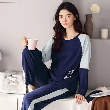 2022. gada Rudenī 100% Kokvilnas, ar garām Piedurknēm Pajama Komplekti Sievietēm korejas Zaudēt Sleepwear Uzvalks Pyjama Homewear Pijama Mujer Mājas Drēbes