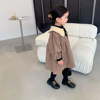 Meiteņu Kokvilnas Kleita Biezs silts Modes Leopards ir 2021. korejas Rudens Ziemas Bērnu Temperaments Princese Kleita Savukārt Apkakle