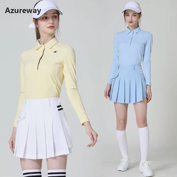 Azureway Sievietēm ar garām Piedurknēm T-krekls, Sporta Polo Kakla Golfa Topi apdari Skort Dāmas Golfa Kroku Svārki Rudens Apģērbu Komplekts XS-XXL