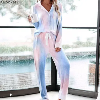 Kupokasi Pidžamas Komplekts Gadījuma kaklasaišu krāsošanas Atloks Sieviešu Rudens Pavasara Sleepwear Kokvilnas Adīšanas garām piedurknēm, Garās Homewear