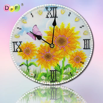 DPF DIY 5D apaļā dimanta krāsošana dzeltenas saulespuķes mākslas dāvanu dimanta izšuvumi mozaīku sienas pulkstenis mājas dekoru mākslas glezniecību, amatniecību