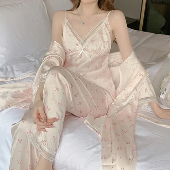 Priekšgala 3PCS Pidžamas Komplekts Sievietēm Pavasara Rudens Sexy Mežģīņu Sleepwear Peldmētelis Kimono Kleita Gadījuma Satīna Bikšu Kostīms Homewear