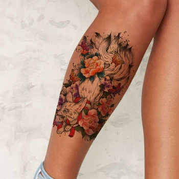 Deviņas Astes Fox Ūdensnecaurlaidīgus Pagaidu Tetovējumu Uzlīmes Krāsu Butterfly Ziedu Viltus Tetovējumiem Flash Tatoos Roku Body Art Sievietēm Vīriešiem