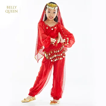 BELLYQUEEN Bērniem Vēdera Deju 6 gab. (Top+Elsas+Josta+Galvas Ķēde+Rokas Ķēdes+Plīvurs) Indijas Apģērbu Meitenēm Indijas Vēdera Deju Kostīms