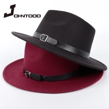 Rudens ziemas black vīriešu vilnas fedora cepuri ar platām malām, dāmas mākslīgās vilnas dāmas Fedoras džeza cepuri ar jostu, cepure top hat filca cepure