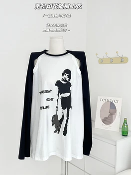 2022 American Vintage Rudens Sievietes ar garām Piedurknēm Y2k Topi Brīvs Gadījuma T-krekls Drukas Tee Gothic Harajuku Streetwear Raibs Jūra