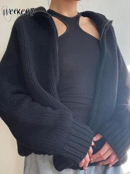 Weekeep Black Augstu Uzrullētu Apkakli Džemperi, Virsdrēbes Full Zip Up Garām Piedurknēm Gadījuma Jaku Kabatas Raibs Vaļēju Apkakli, Trikotāžas Izstrādājumus Sievietēm