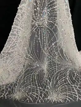 Baltā kāzu kleita auduma ar sequin pērlīšu izšuvumi, Āfrikas mežģīņu auduma franču acs tilla vakara kleita gara kleita