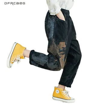 Raibs Vintage Džinsa Harēma Bikses Sieviete Zaudēt 2020. Gada Rudenī Streetwear Drukāt Dāmas Draugs, Jean Sieviešu Bikses