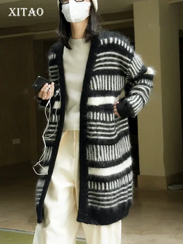 XITAO korejiešu Stila Jaciņa Svītrainas Apdares V-veida kakla Vienkāršība Temperaments Soft Gadījuma 2022 Modes Ziemas Mētelis SMH10164