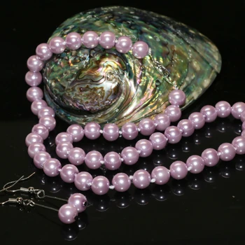 Bezmaksas piegāde modes apbur sievietes, kaklarota, auskari 8mm gaiši violetā imitācijas pērles, gliemežvāki apaļas pērles rotu komplekts 18inch B2364