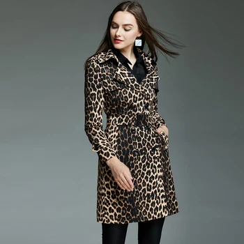 2022 Modes Zīmolu Jaunu Sieviešu Garo Uzrakt Mētelis Divrindu Jostas Sexy Leopard Dāmu Apģērbu Rudens Pavasara Lielajam Virsdrēbes